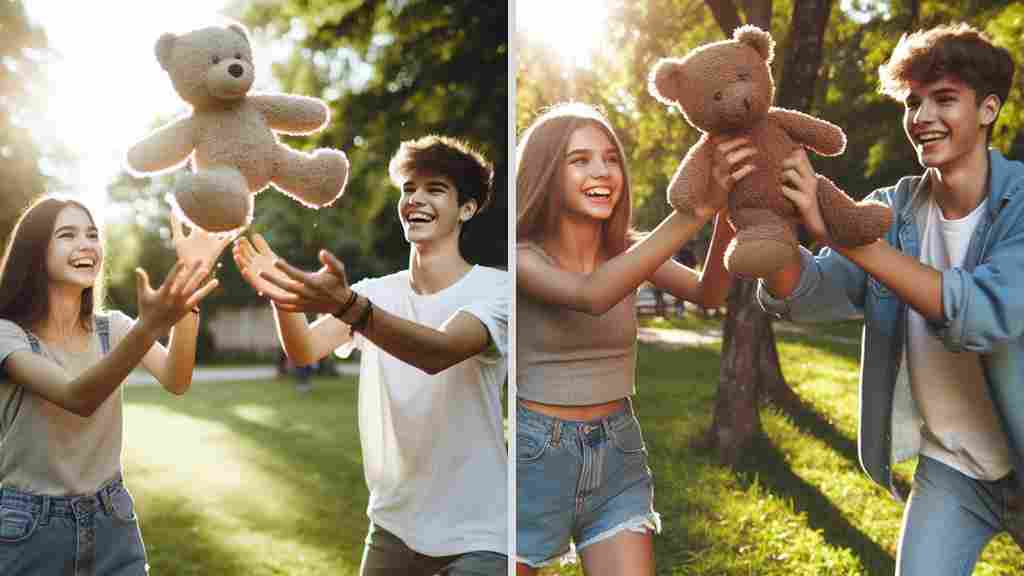 A teenage boy presenting a teddy bear to a teenage girl on Teddy Day.