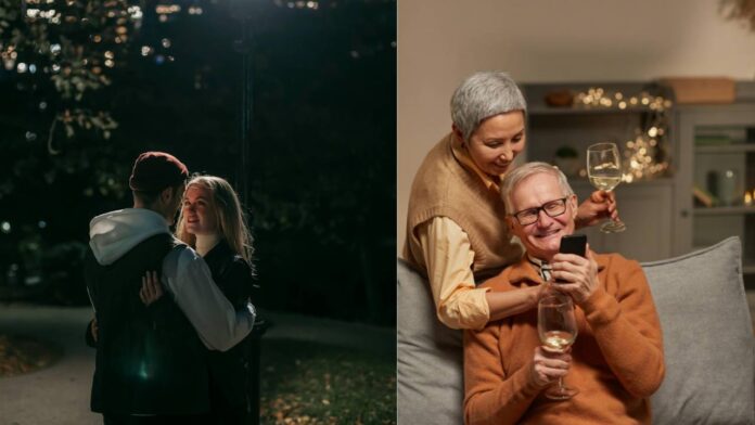 A grid image showing old age couples dating on the left side and young couples dating on the right side, illustrating the 