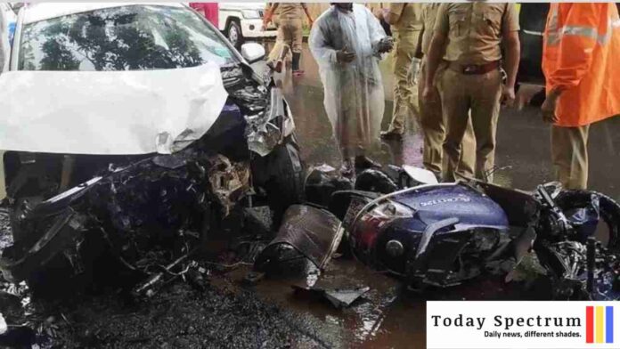 Police car collision with a two-wheeler in Kattuputhur, illustrating a road safety incident.