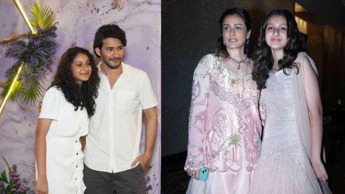 Mahesh Babu with his daughter in white attire on the left, and Namrata Shirodkar with their daughter in a glittery dress on the right.