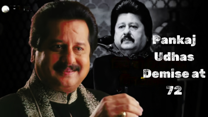 Pankaj Udhas smiling in a candid moment and on side written Pankaj Udhas Demise at 72.